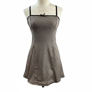 Kirious Los Angeles Brown & White Checkered, Velvet Straps and Bow Mini Dress